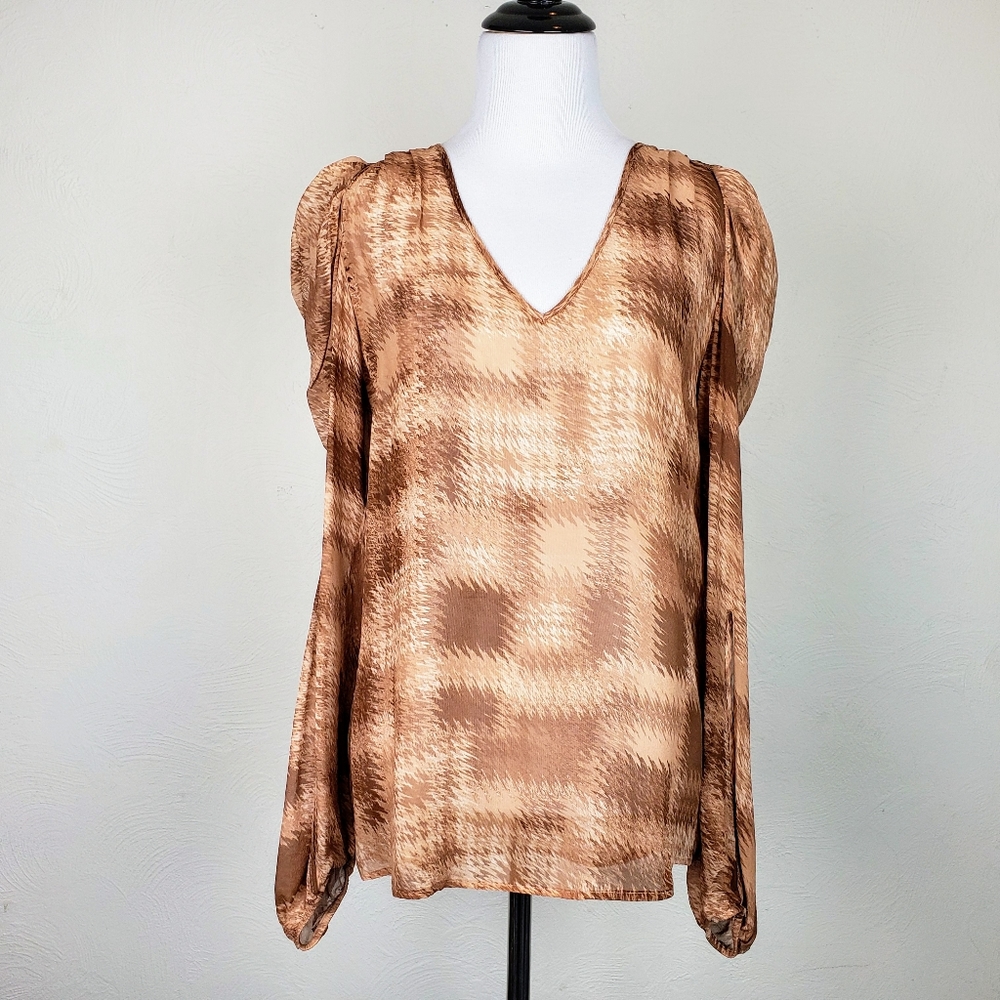 Patrizia Pepe Top Sera Blouse Sheer Brown Puff Sleeves Designer Boho Dramatic